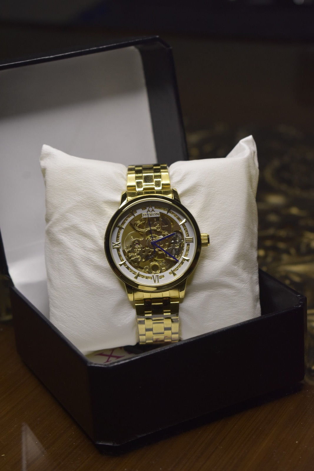 Fitron water resistant automatic golden skeleton watch